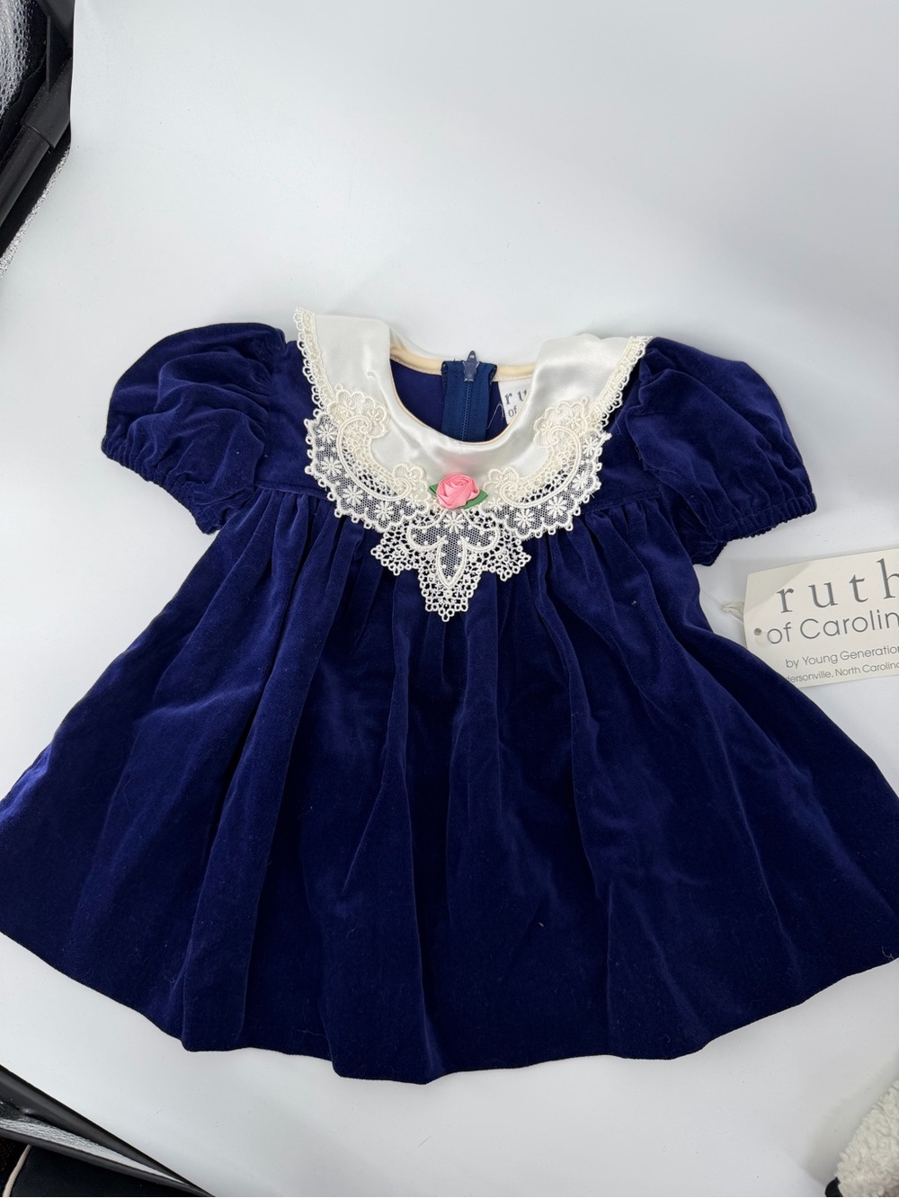 NWT Vintage Ruth of Carolina Baby Dress 12M Navy Blue Velvet Lace Collar